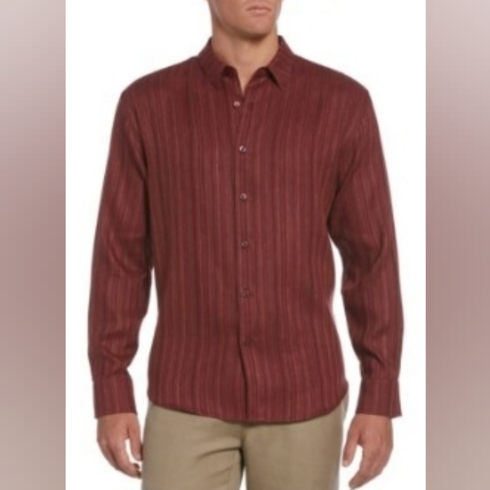 Cubavera Men's Linen Blend Textured Long Sleeve Shirt, Dark Red